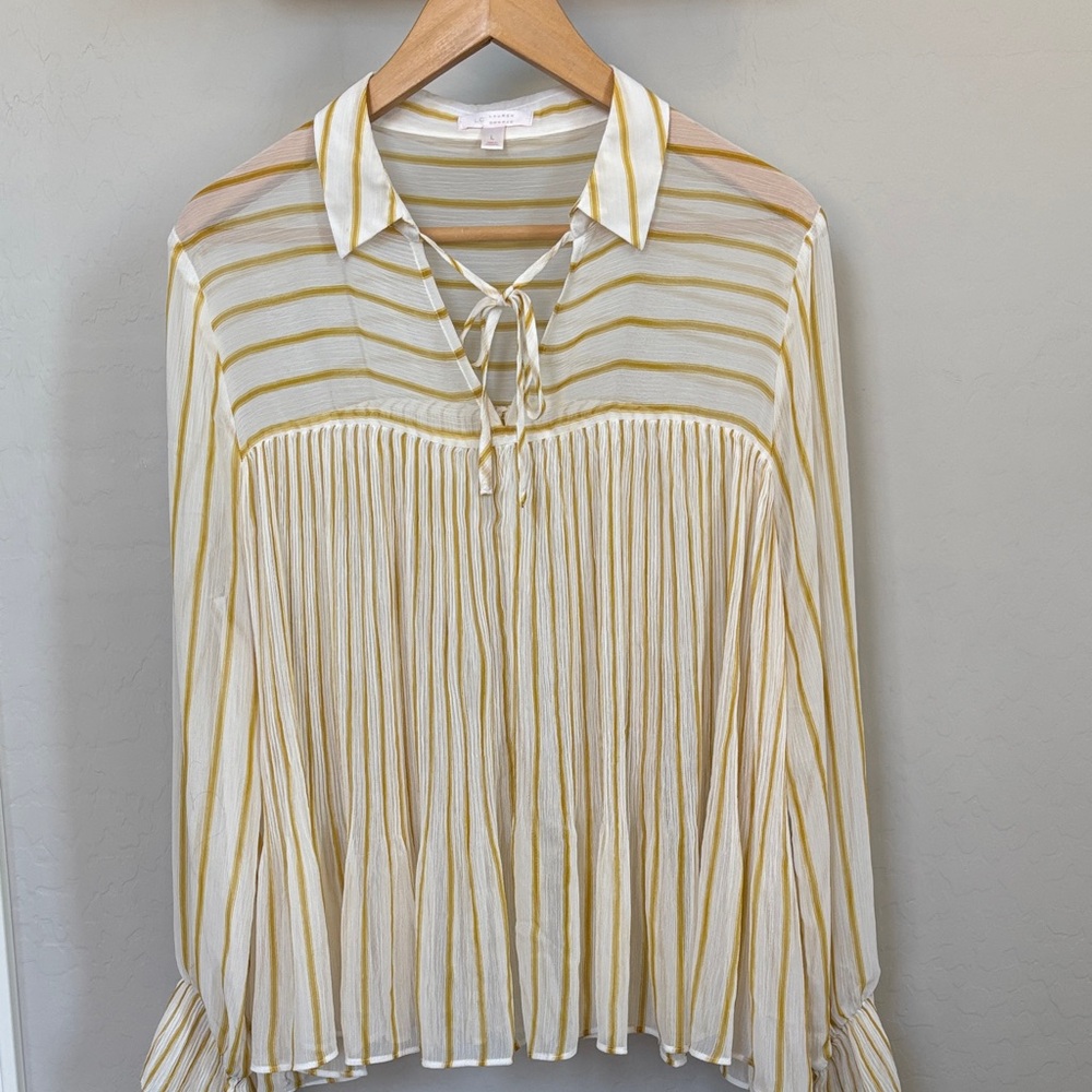 LC Lauren Conrad White and Yellow Striped Tie-Neck Pleated Blouse